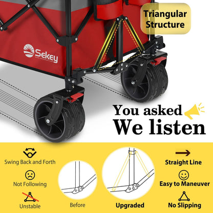 Sekey 48''L Collapsible Foldable Extended Wagon with 440lbs Weight Capacity, Heavy Duty 300L Folding Utility Garden Cart with Big All-Terrain Beach Wheels & Drink Holders. Red&Grey