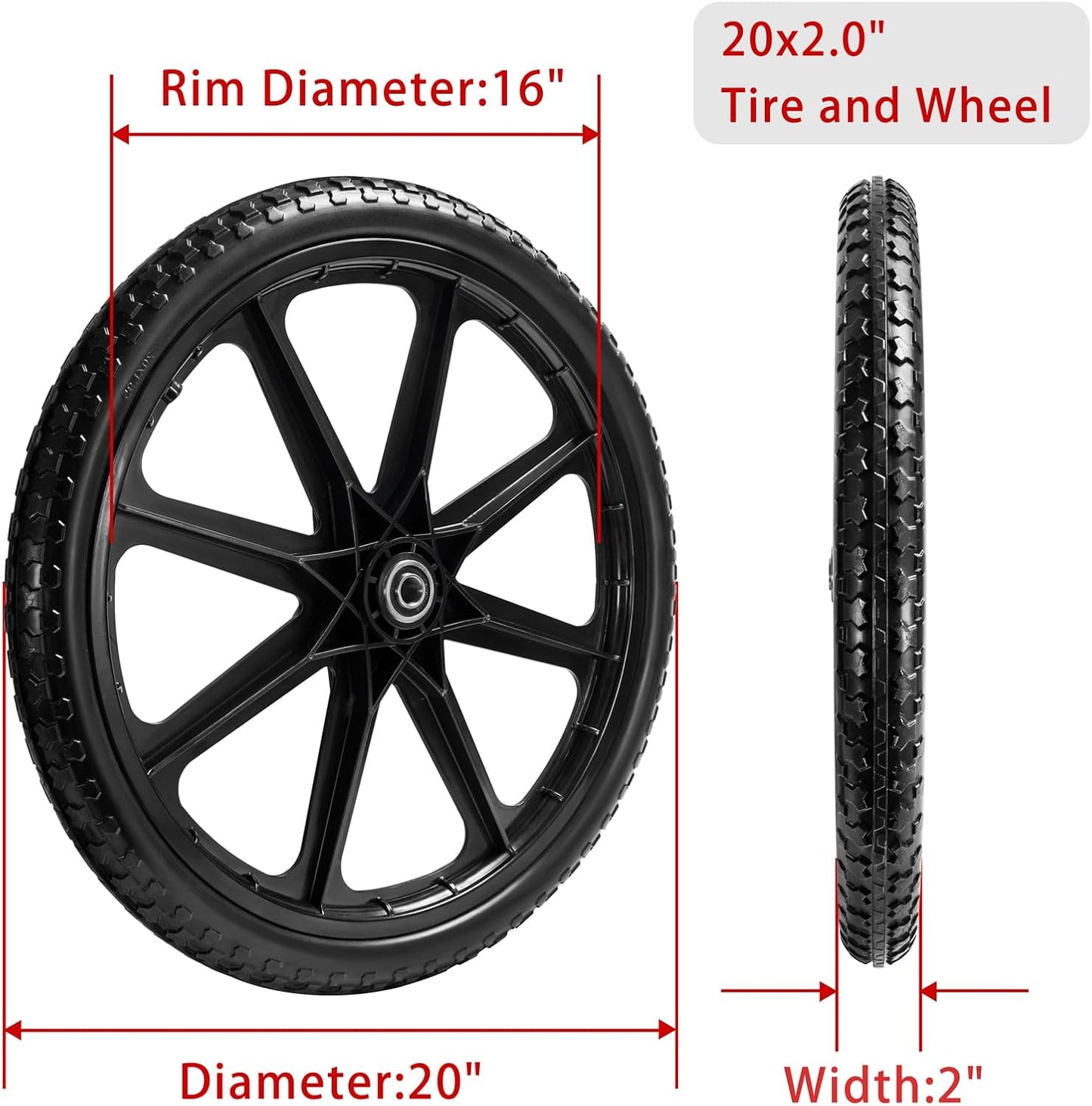 Parts Camp 20" Flat Free Tire Cart Wheels Replacement Rubbermaid Wheelbarrow Wheels Garden Cart Replacement Wheel With 5/8" 3/4" Bearing For Utility Carts/Lawn Cart/Wheelbarrow 2PACK