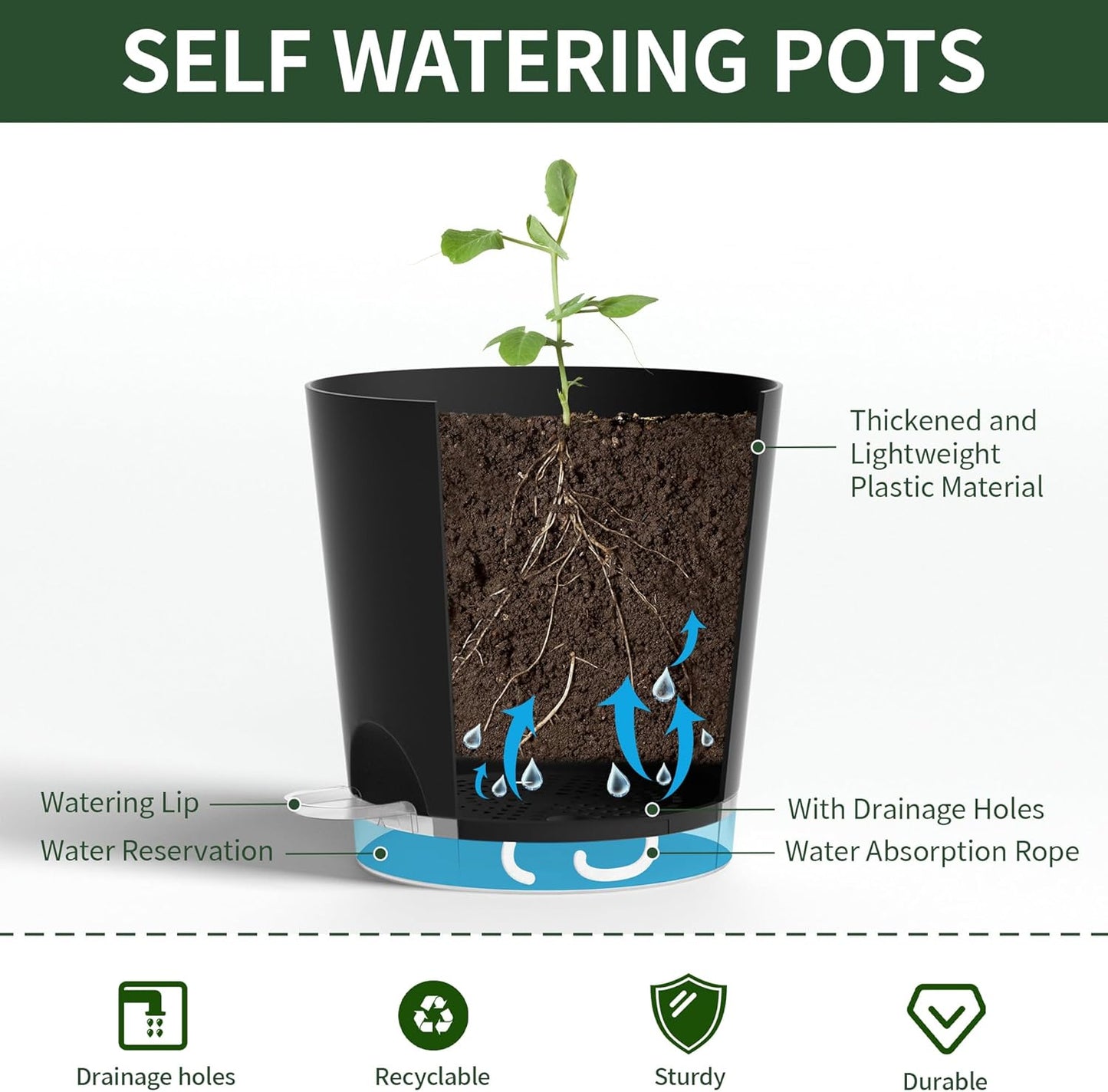 4 Inch 5 Pack Small Self Watering Pots for Indoor Plants, Nursery Pot with Drainage Holes and Saucers, Plastic Small Flower Planter for Succulent, Aloe, Cacti and More(Black)
