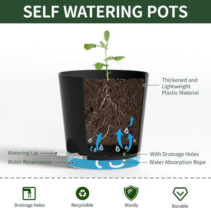 4 Inch 5 Pack Small Self Watering Pots for Indoor Plants, Nursery Pot with Drainage Holes and Saucers, Plastic Small Flower Planter for Succulent, Aloe, Cacti and More(Black)
