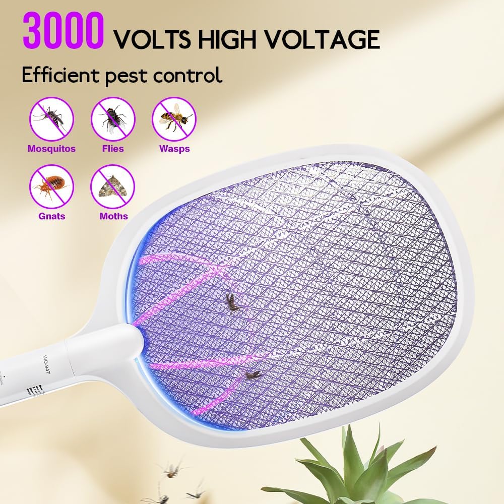 Electric Fly Swatter Indoor & Outdoor 3000V Bug Zapper Racket Dual Modes Mosquito Killer with Purple Mosquito Light Rechargeable Fly Zapper for Indoor Home Office Backyard Patio Camping