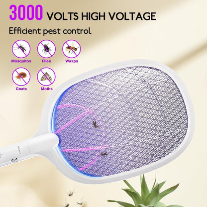 Electric Fly Swatter Indoor & Outdoor 3000V Bug Zapper Racket Dual Modes Mosquito Killer with Purple Mosquito Light Rechargeable Fly Zapper for Indoor Home Office Backyard Patio Camping