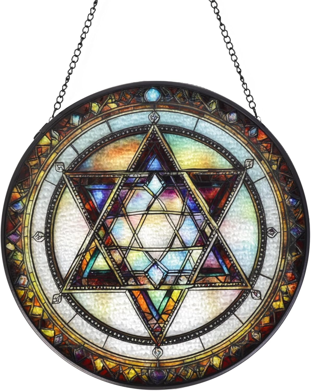 Star of David Handmade Stained Glass Window Hanging Suncatcher with Chain - 7.9" Outdoor/Indoor Art Decor for Home Garden, Wedding, Mother's, Valentine's & Christmas Ornaments Present