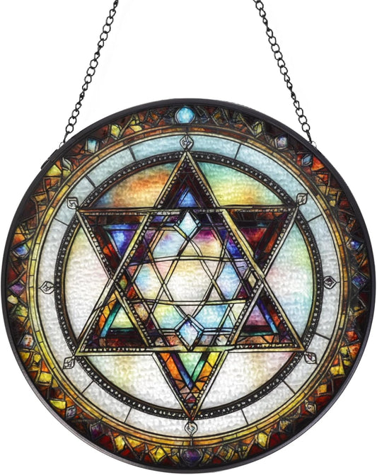 Star of David Handmade Stained Glass Window Hanging Suncatcher with Chain - 7.9" Outdoor/Indoor Art