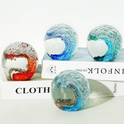 Decorative Crystal Ball Figurines Ocean Waves Paperweight Blown Glass Decor Sea Art Ocean Lovers Gift Blue 3.15"