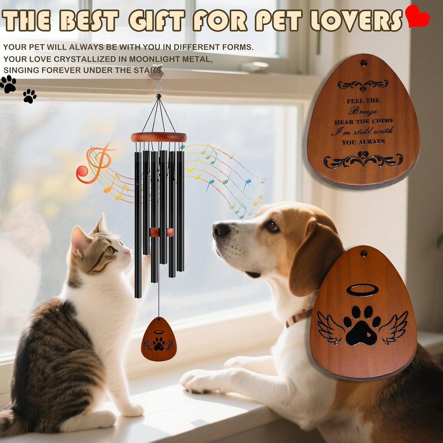 Pet Memorial Wind Chime Gift Set with Bracelet, Wooden Ornament and Sympathy Card, Black&Golden (Black)