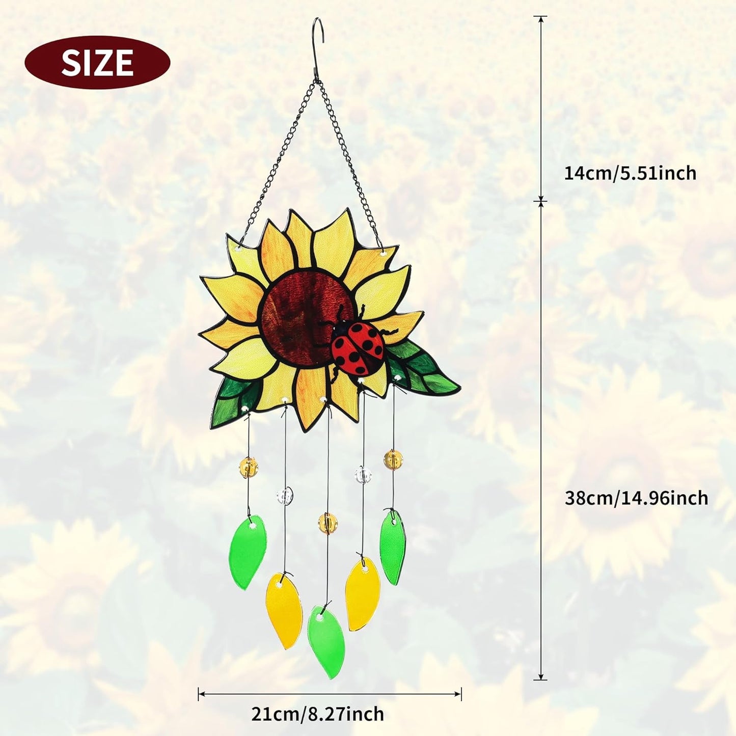 Stained Glass Suncatcher, Sunflower and Ladybug Window Hanging, 20 x 8 inches, Hand-Painted (Style 1)