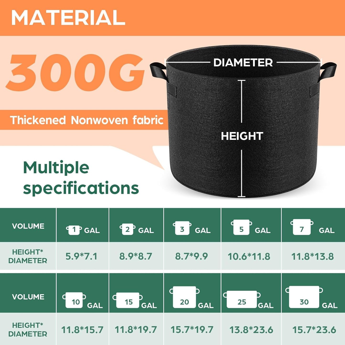 10 Pack 15 Gallon Grow Bags, Thickened Nonwoven Fabric Planter Pots with Handles, Heavy Duty 300G Garden Pots for Tomato, Potato and Vegetable