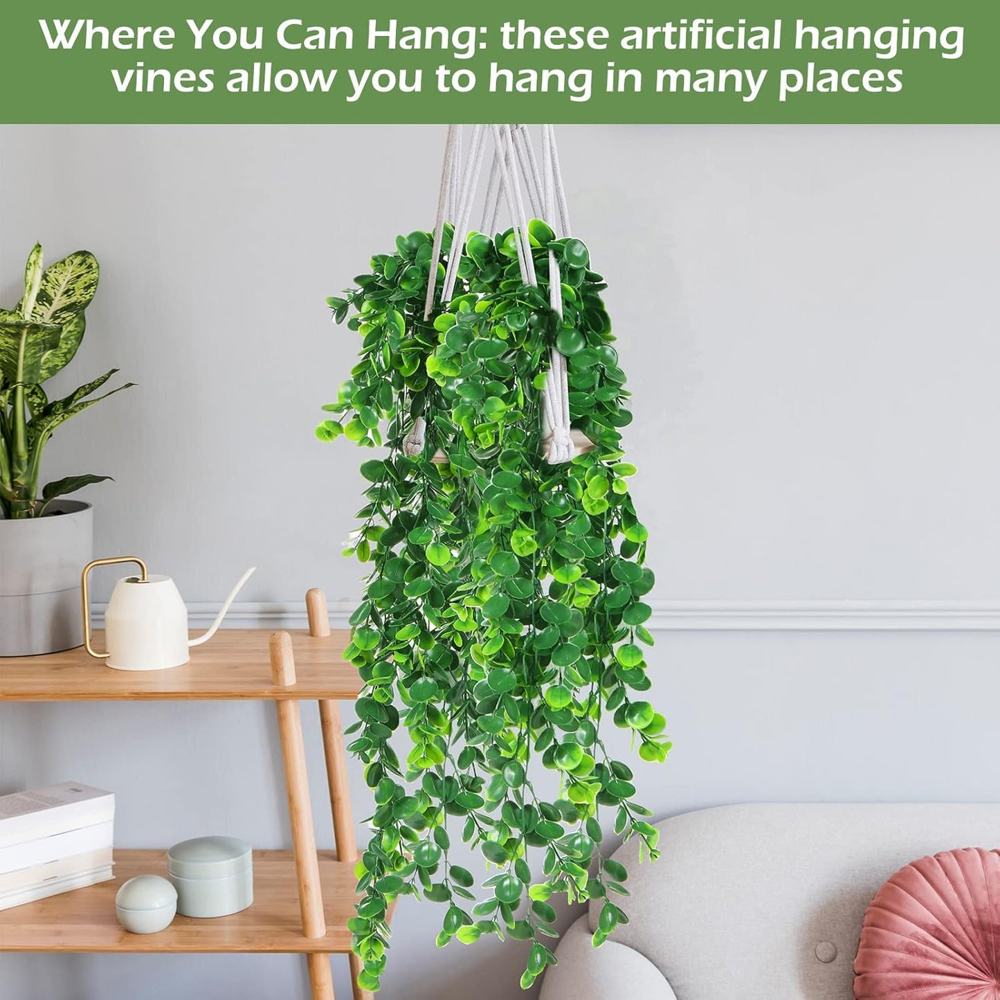 Hoteam 12 Pcs Artificial Hanging Plants 32 Inch Fake Ivy Vines with Fake Leaves Patio Artificial Plants Greenery for Living Room Indoor Outdoor Wall, No Basket (Eucalyptus)