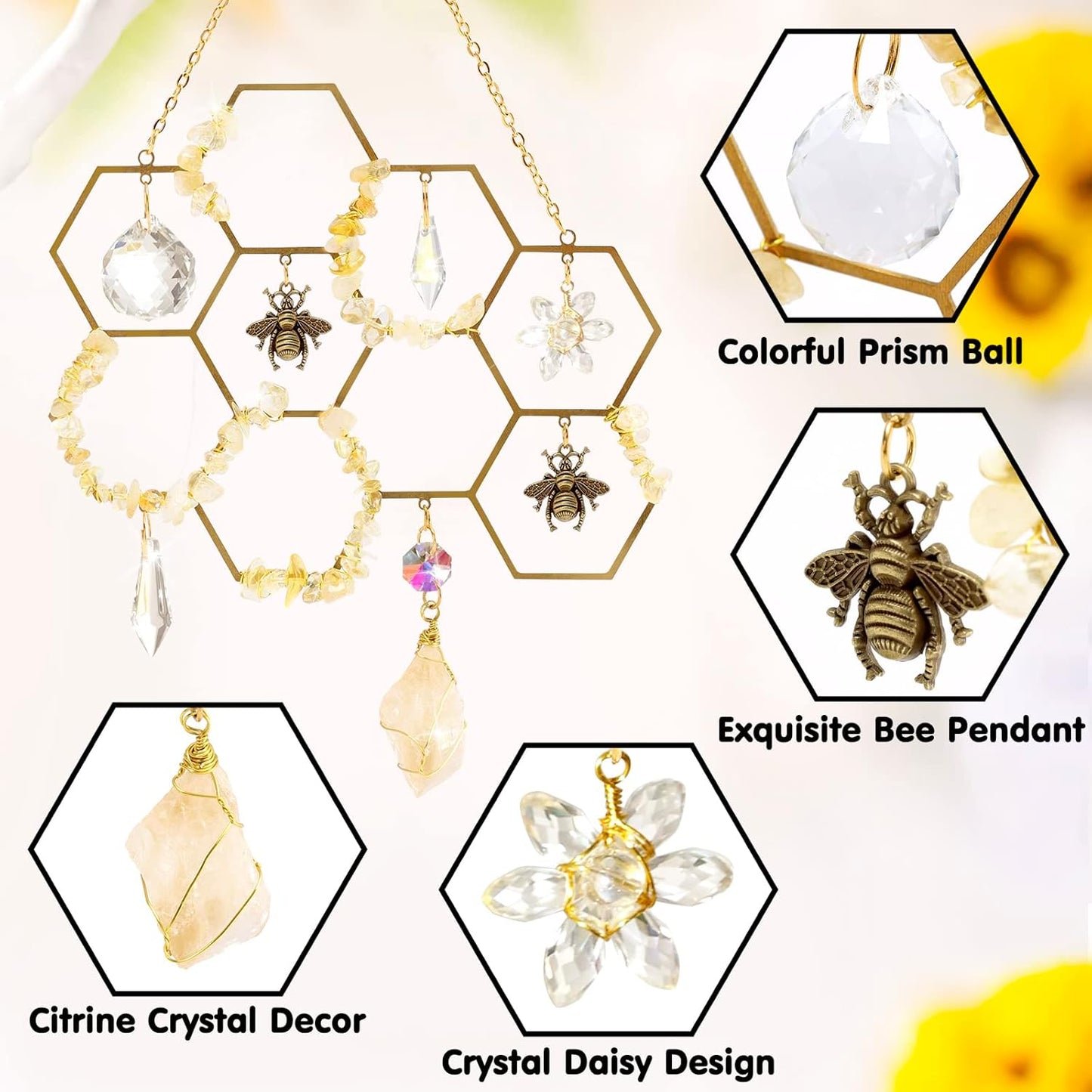 Tuitessine Crystals Suncatcher Window Hanging Bumble Bee Decor Honeycomb Light with Crystal Glass Prisms Hive for Home Indoor Outdoor Catcher Garden Ornament Christmas Birthday Gift Ideas