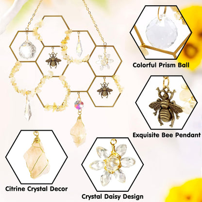 Tuitessine Crystals Suncatcher Window Hanging Bumble Bee Decor Honeycomb Light with Crystal Glass Prisms Hive for Home Indoor Outdoor Catcher Garden Ornament Christmas Birthday Gift Ideas