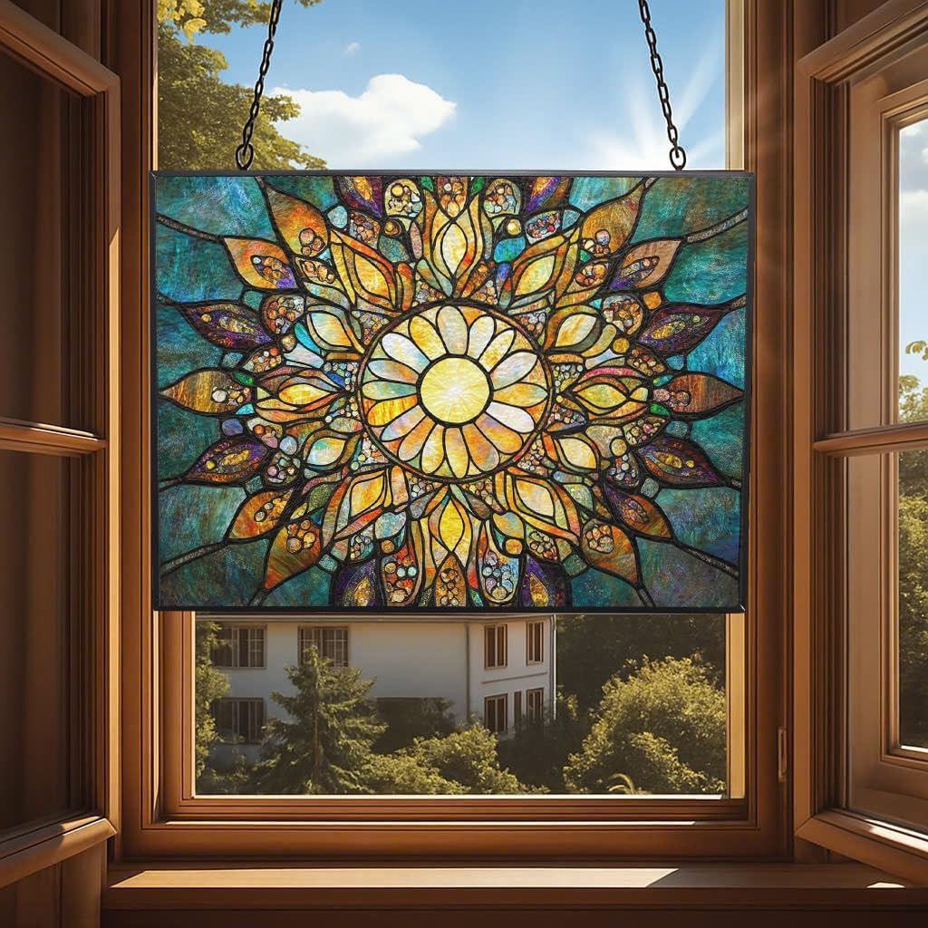 Customized Rectangle Boho Mandala Sunburst Stained Glass Suncatcher Window Hangings, Stained Glass Panel Sun Catchers Gifts Home Decor Garden Christmas Halloween Wedding