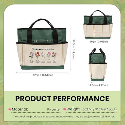 Personalized Garden Tools Set for Women: Custom Text Garden Tool Bag and Garden Shovel & Transplant Shovel & Hand Rake - Gardening Gifts for Mom Grandma Gardening Lover (5 Flowers)