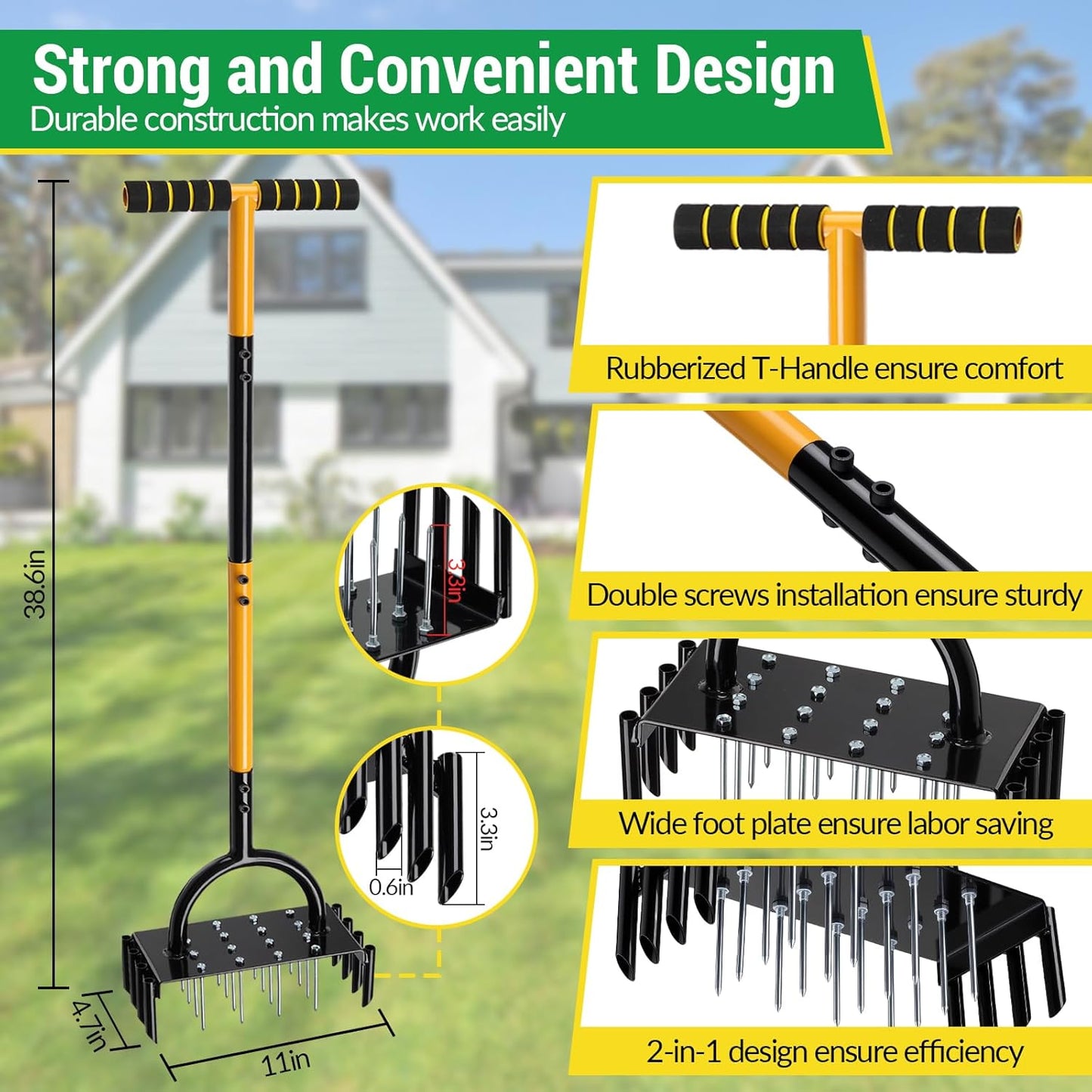 Lawn Aerator, 2-in-1 Manual Metal Core Aerators Lawn Tool with 16 Iron Spikes, 8 Coring, Garden Grass Plug Spikes Aerating Coring Tools for Yard Lawn Soil Care, Revives Lawn Health