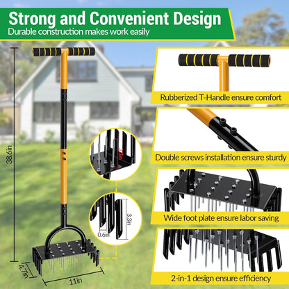 Lawn Aerator, 2-in-1 Manual Metal Core Aerators Lawn Tool with 16 Iron Spikes, 8 Coring, Garden Grass Plug Spikes Aerating Coring Tools for Yard Lawn Soil Care, Revives Lawn Health
