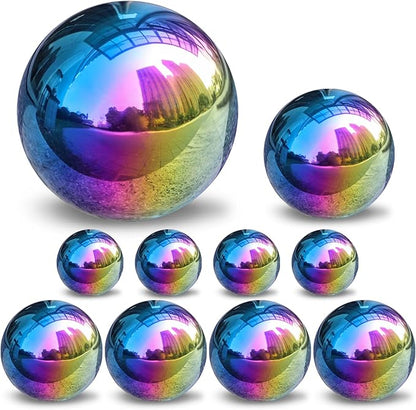 yarlung Set of 10 Stainless Steel Rainbow Gazing Balls, 50-150 mm Garden Mirror Globe Floating Pond Sphere, Polished Hollow Ball Reflective Ornament for Home Yard Outdoor Lawn Decoration