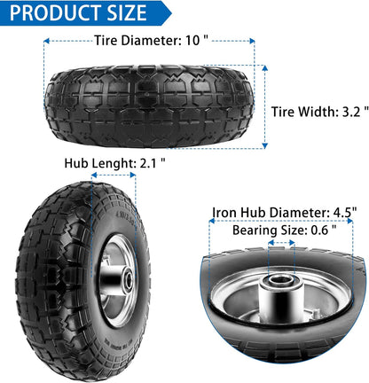 4.10/3.50-4 Tires and Wheels Flat Free 10 Inch Solid Tires Replacement with 5/8" Axle Bore Hole, 16 Spacers 8 Pins, for Cart, Garden Wagon, Wheelbarrow, Hand Truck, Trolley, Lawn Mower，4P