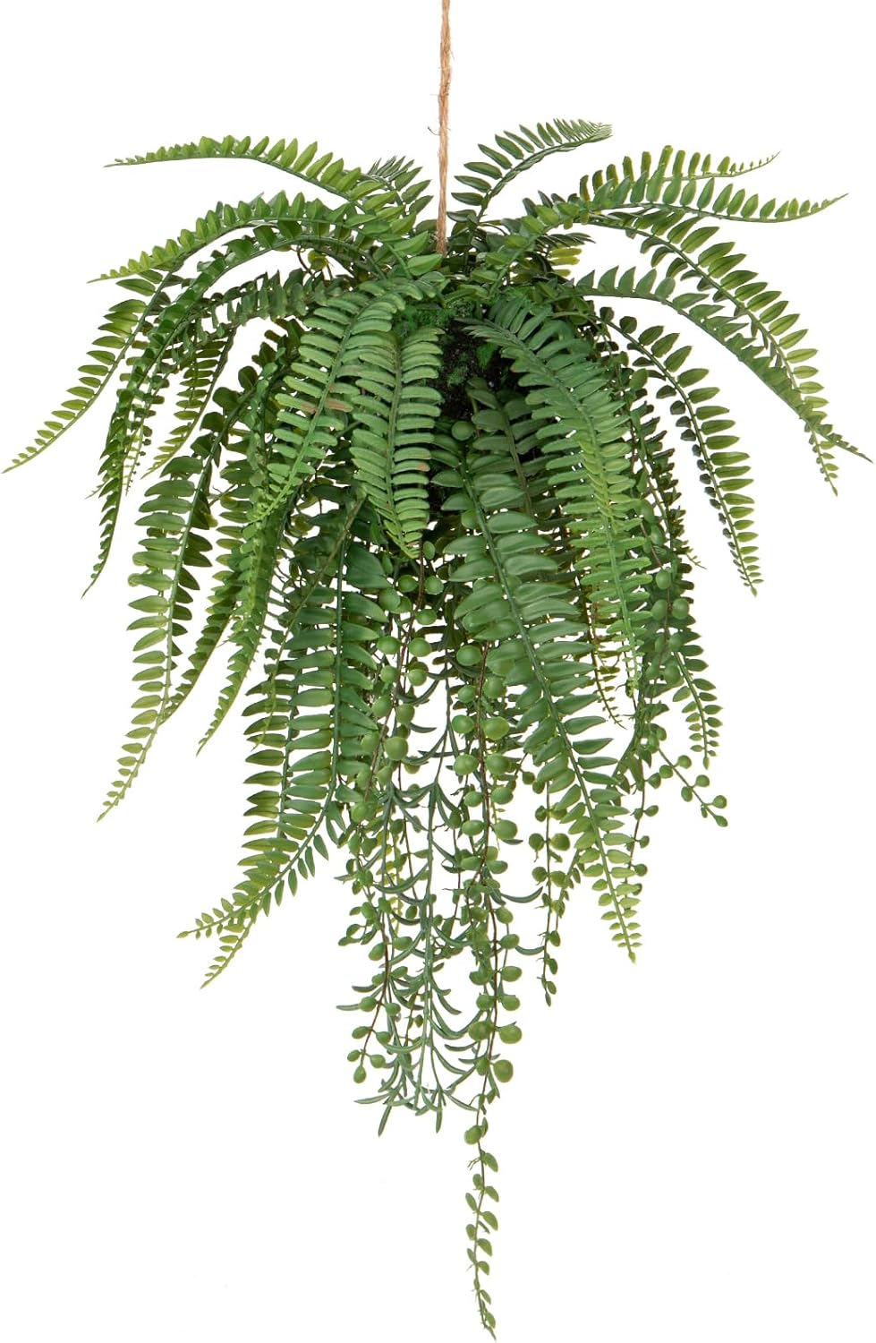Large Mixed Fern Faux Hanging Plants, Realistic Artificial Plants with Hemp Rope Moss, Indoor for Home Bedroom Bathroom Porch Window Sill Decor, 25.6 Inches Tall, 1 Count