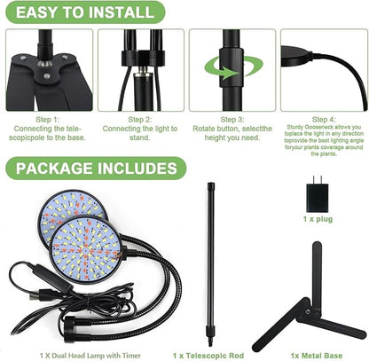 Grow Lights for Indoor Plant, 6000K Full Spectrum Plant Lights for Indoor Growing, 3.5'' LED Dual Ring Grow Light, Height Extendable 9-16'', Auto On Off Timing 4/8/12/18Hrs (Black)