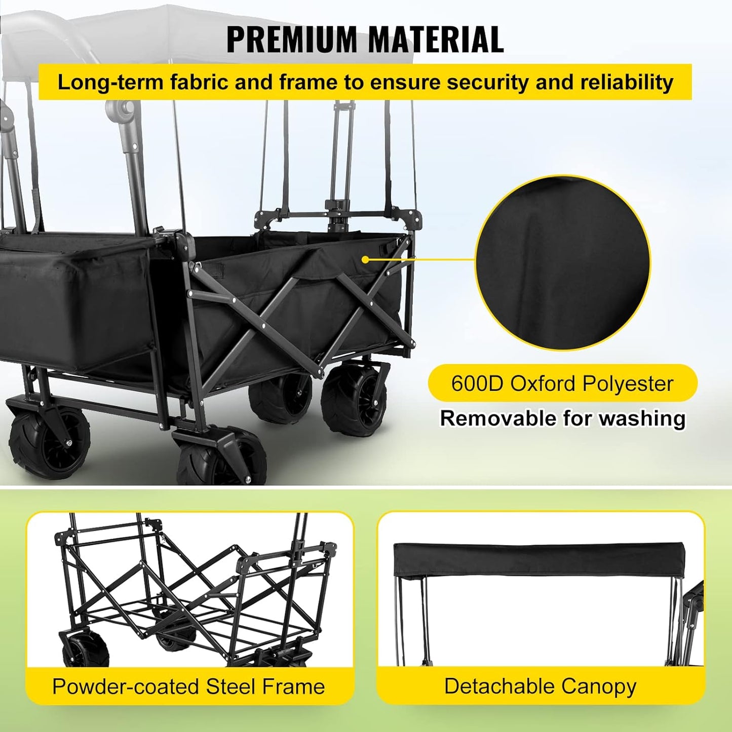 Happbuy Extra Large Collapsible Garden Cart with Removable Canopy, Folding Wagon Utility Carts with Wheels and Rear Storage, Wagon Cart for Garden, Camping, Grocery Cart, Shopping Cart, Black