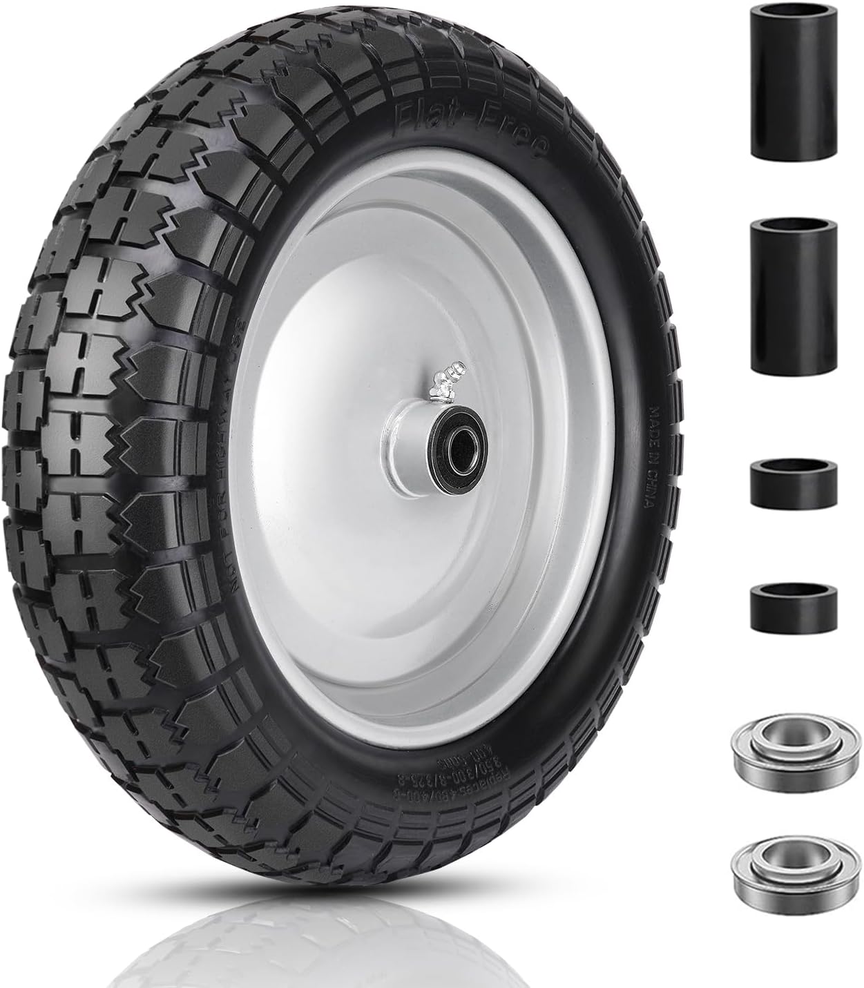 4.80/4.00-8 Tire and Wheel, 14.5" Flat Free Wheelbarrow Tire, 5/8" 3/4" Bearings Universal Solid Replacement Tires, 3" -7" Centered Hub for Hand Truck, Garden Cart, Includes Spacer Kit
