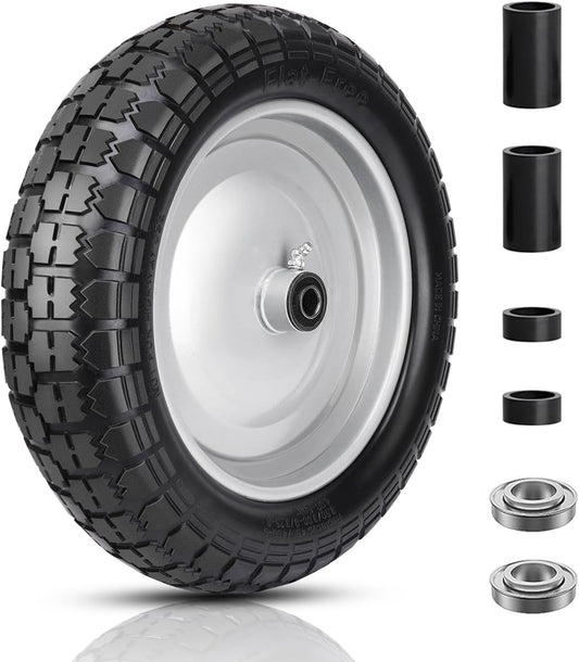 4.80/4.00-8 Tire and Wheel, 14.5" Flat Free Wheelbarrow Tire, 5/8" 3/4" Bearings Universal Solid