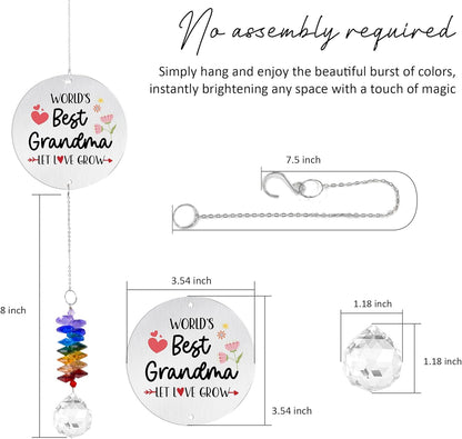 Aluminum Ornament Suncatcher - World 's Best Grandma Birthday Gift for Grandma, Mom - Unique Gift from Daughter, Granddaughters - Crystal Rainbow Maker - Home & Garden Decor