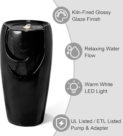 Glitzhome 29.25" H Oversized Ceramic Vase Outdoor Water Fountain Tall Patio Garden Water Fountain with LED Light and Submersible Pump Yard Art Decor, Black, 29.25”H