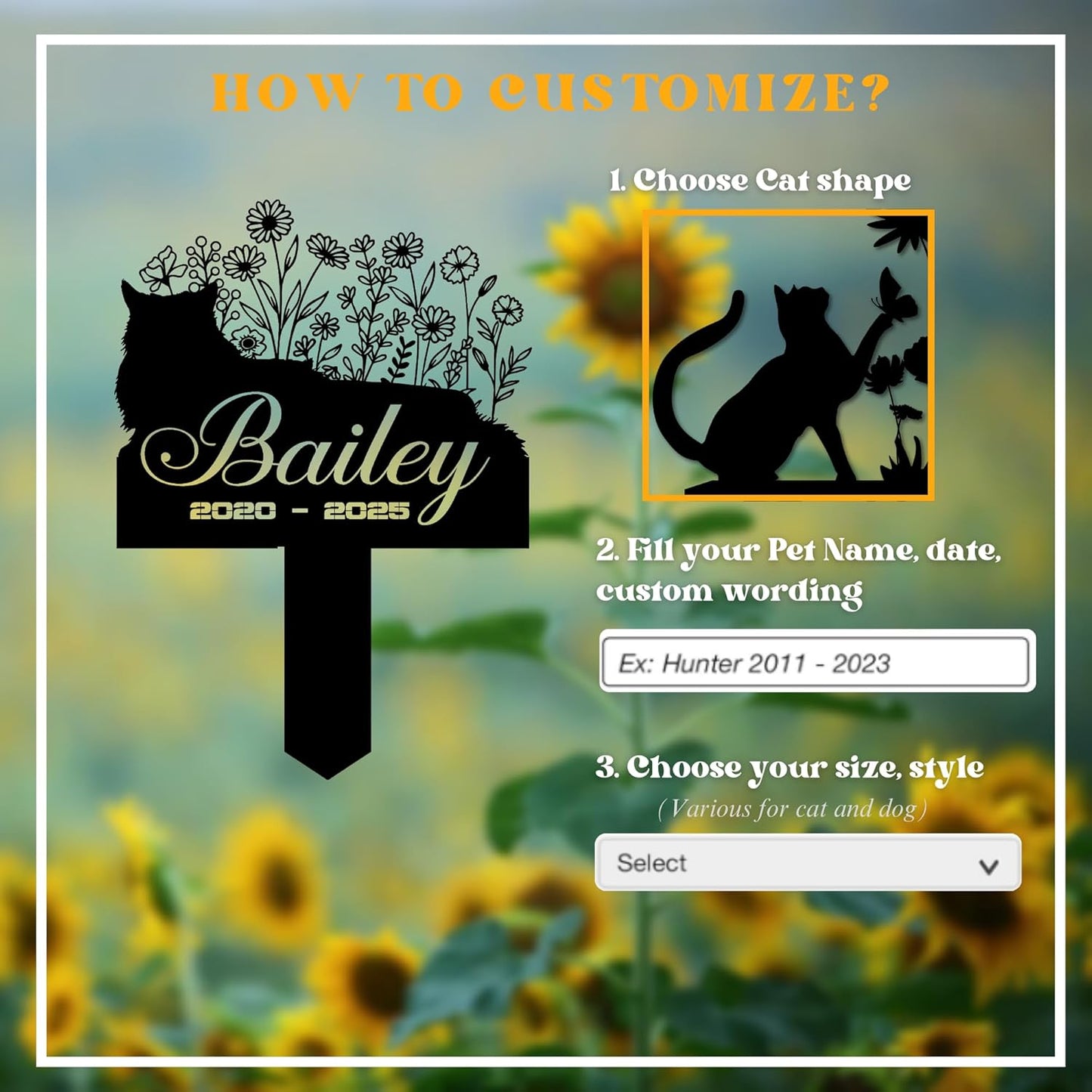 Cat Headstone and Grave Marker – Personalized Outdoor Grave Marker for Pets with Custom Name and Year, Durable Metal Cat Tombstone for Garden Tribute