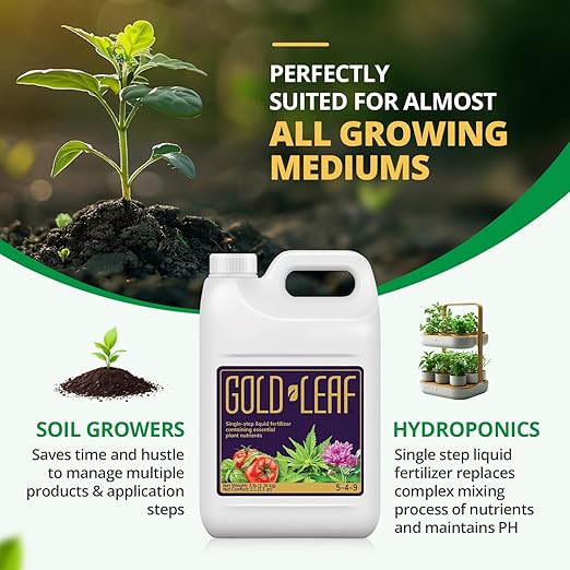 1L Gold Leaf Liquid Fertilizer Single-Step Plant Fertilizer with Every Essential Nutrient for Healthy Bigger Buds & Blooms, Optimized pH for Soil, Hydroponics, and Coco Growers