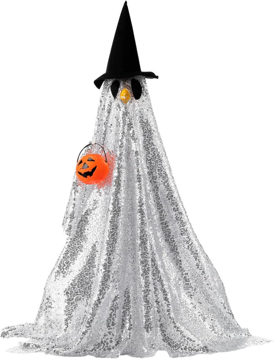Halloween Porch Goose Outfit Ghost Lawn Goose Clothes with Pumpkin Bag for 23" Disco Plastic/Cement Outdoor Patio Yard Lawn Art Decoration(Silver,Sequins)