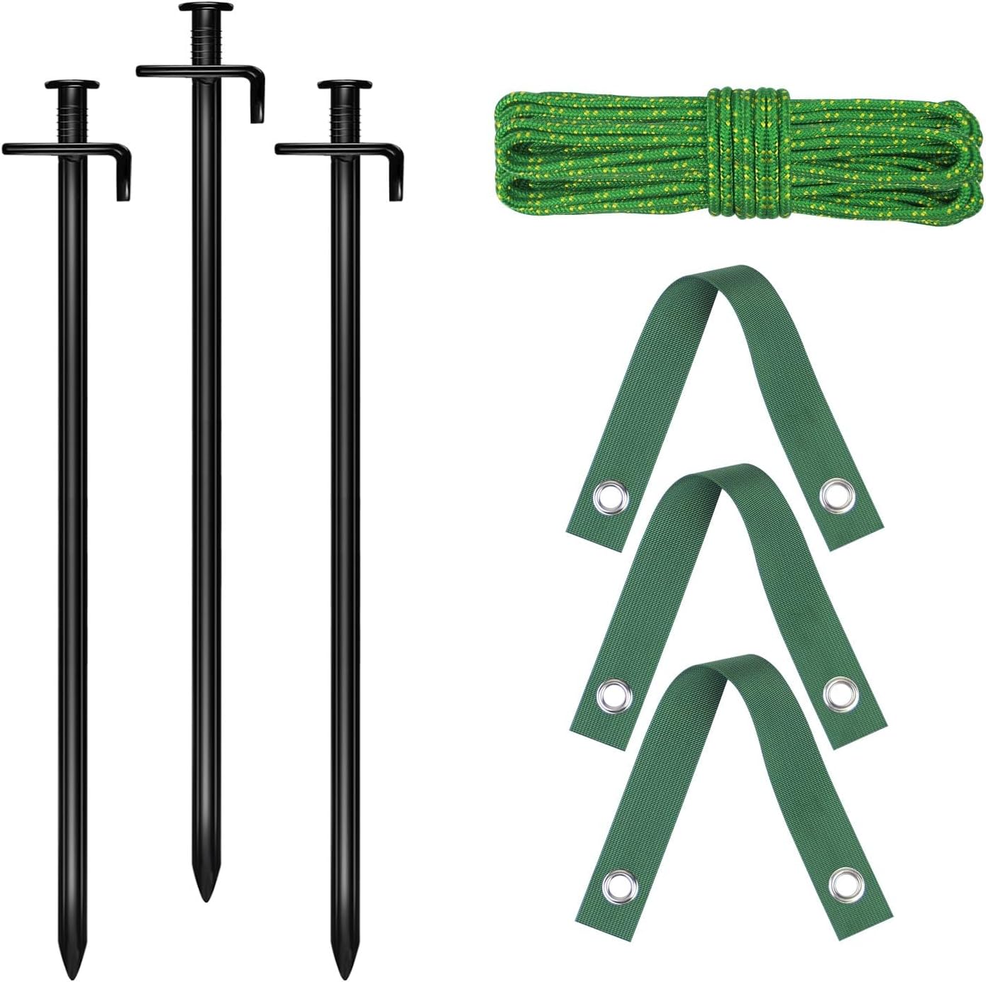 15.8-Inch Extra-Long Heavy Duty Steel Tree Stake Kits,Tree Staking and Support Kits for Young Tree Against Bad Weather,Include 3 PCS 15.8" Tree Straps, 3 PCS 15.8" Tree Stakes and 31.2 FT Rope