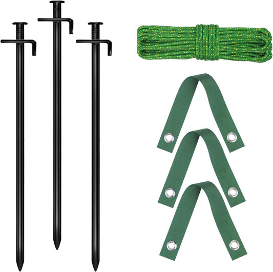 15.8-Inch Extra-Long Heavy Duty Steel Tree Stake Kits,Tree Staking and Support Kits for Young Tree Against Bad Weather,Include 3 PCS 15.8" Tree Straps, 3 PCS 15.8" Tree Stakes and 31.2 FT Rope