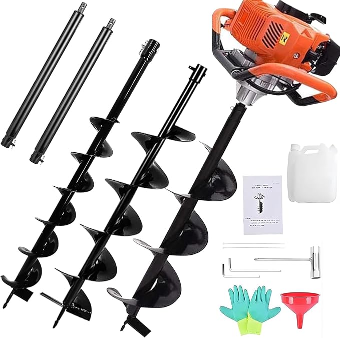 85cc Post Hole Digger 2-Stroke Petrol Gas Powered Earth Digger with 3 Auger Bits (4" 8" 12") + 2 Extension Bar (24" 24") for Farm Garden Plant Fence and Planting