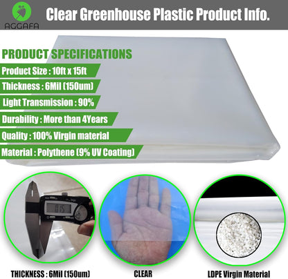 6 mil (10ft x 15ft) 100% Virgin Material. 5Layers Advanced Extrusion Technology for UV Protection, Anti-drip, Anti-Fog, Thermal and Strength. 4Years Lifetime UV Resistant Greenhouse Plastic