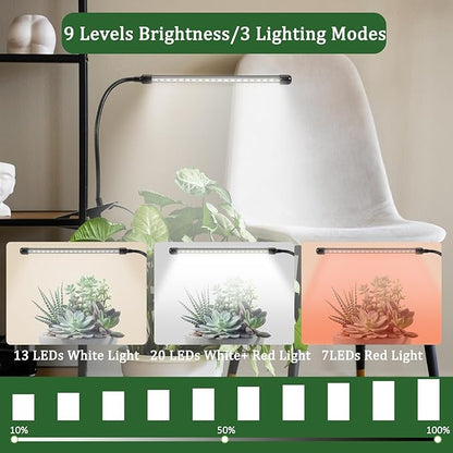 Full Spectrum Grow Lights for Indoor 6000K White Red LEDs, 9-Level Dimmable Indoor Plant Growing Light for Seed Starting, Auto on/Off Clip Plant Grow Lamp, 3/9/12H Timer, 2packs