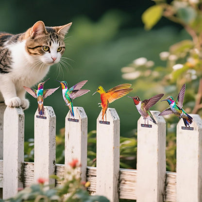HUYIENO 5PCS Vibrant Metal Bird Decorations Colorful 2D Garden Fence Ornaments for Outdoor Patio & Bird Lovers Hummingbird