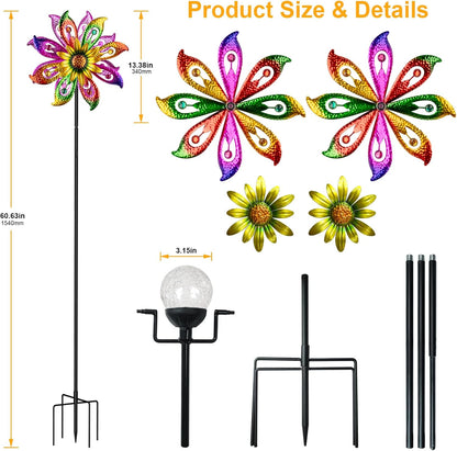 360° Wind Spinners Outdoor with Solar Lights Sunflowers Garden Decor Yard Lawn Art Decor for Patio Kinetic Windmills Unique Gifts for Friends and Family 60.63'' H x 13.38'' Dia