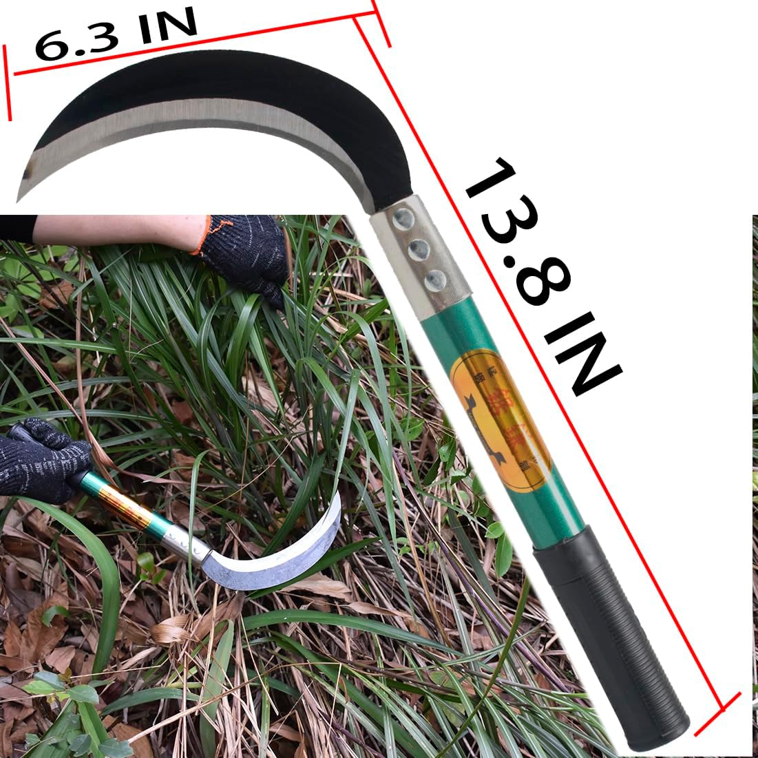 KEYI Weeding Sickle,Steel Grass Sickle,Manganese Steel Blade/Hardwood Handle Hand held Serrated Grass Hook Cutter - Great for Removing Unwanted Vines and Weeds. (13.8 in*6.3 in)