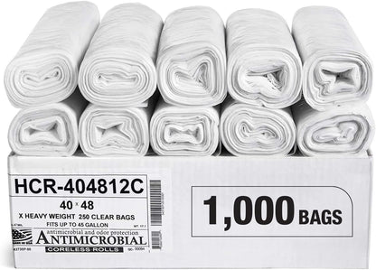 Aluf Plastics High Density Trash Bags, 45 Gallon, 1000 Count, 12 Micron (eq), 40" x 48", Clear, for Bathroom, Office, Industrial, Commercial, Janitorial, Municipal, Recycling