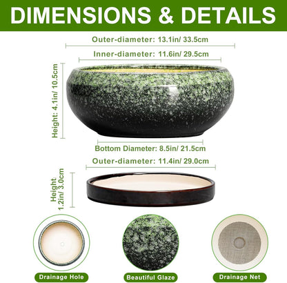 Bonsai Pots - 13 Inch Ceramic Succulent Planters Indoor, Round Shallow Planter with Drainage Hole and Saucer, Large Succulent Pot, Bowl Planter Outdoor, House Decor, Housewarming Gift, Green