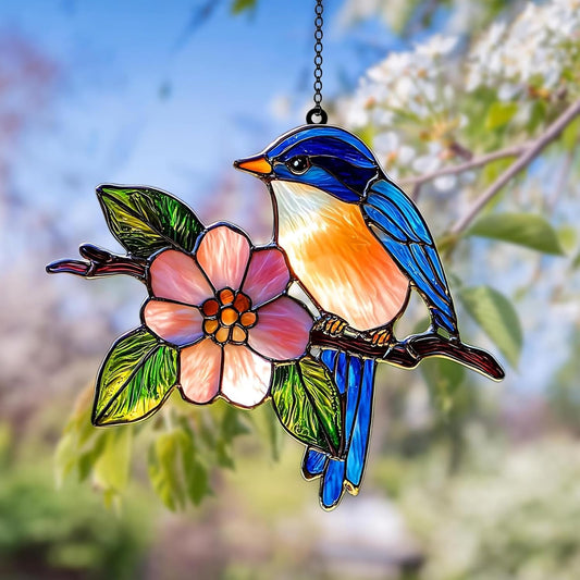 Bird Flower Suncatcher Hanging Sign Window Ornament Nature Lover Garden Gift Unique Home Decor