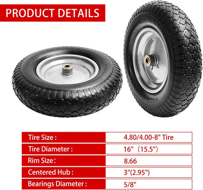 16" Flat Free Wheelbarrow Tires,4.80/4.00-8"Flat-Free Solid Tire with 3" Centered Hub,5/8" & 3/4" Bearing For Wheel Barrow Garden Utility Cart Lawn Mover Replacemen(2 Pack)