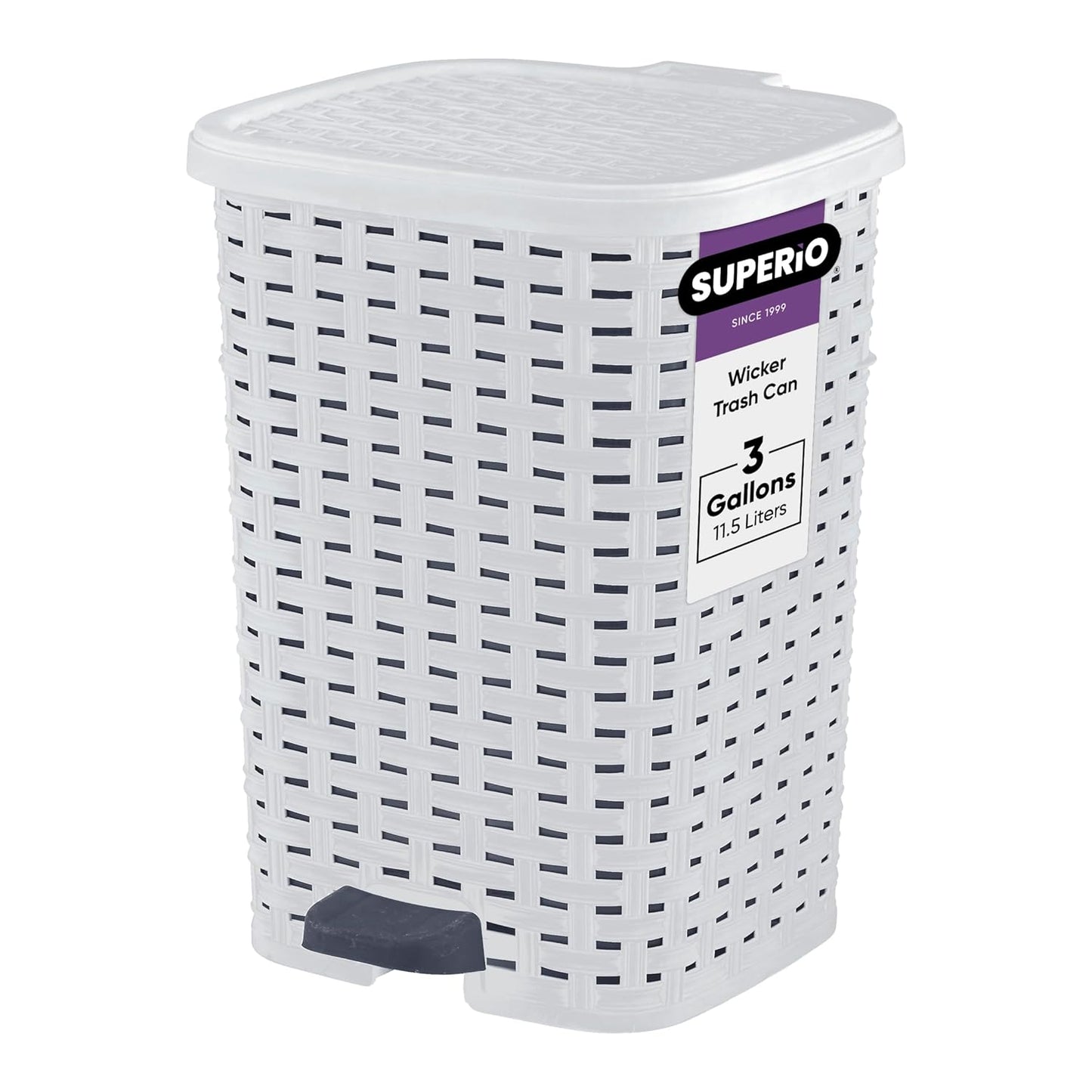 Superio Small Outdoor Trash Can with Lid for Dog Poop 3 Gallon/12 L Mini Plastic Garbage Can with Foot Pedal for Bathroom, Bedroom, Office, Patio, Wicker Smoke