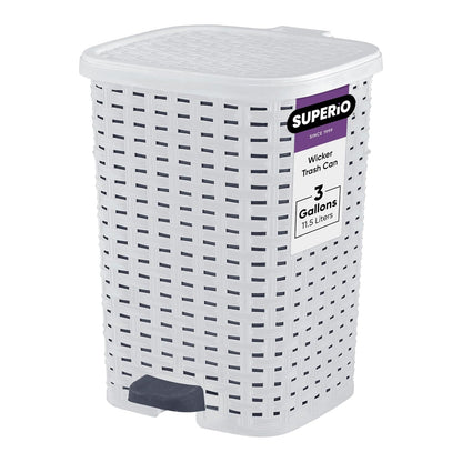Superio Small Outdoor Trash Can with Lid for Dog Poop 3 Gallon/12 L Mini Plastic Garbage Can with Foot Pedal for Bathroom, Bedroom, Office, Patio, Wicker Smoke