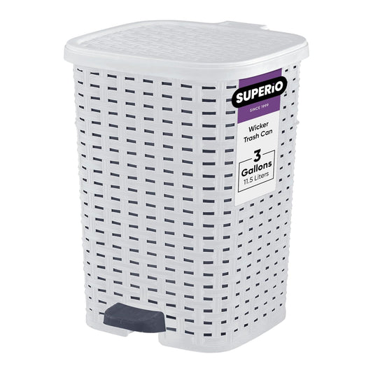 Superio Small Outdoor Trash Can with Lid for Dog Poop 3 Gallon/12 L Mini Plastic Garbage Can with Foot Pedal for Bathroom, Bedroom, Office, Patio, Wicker Smoke