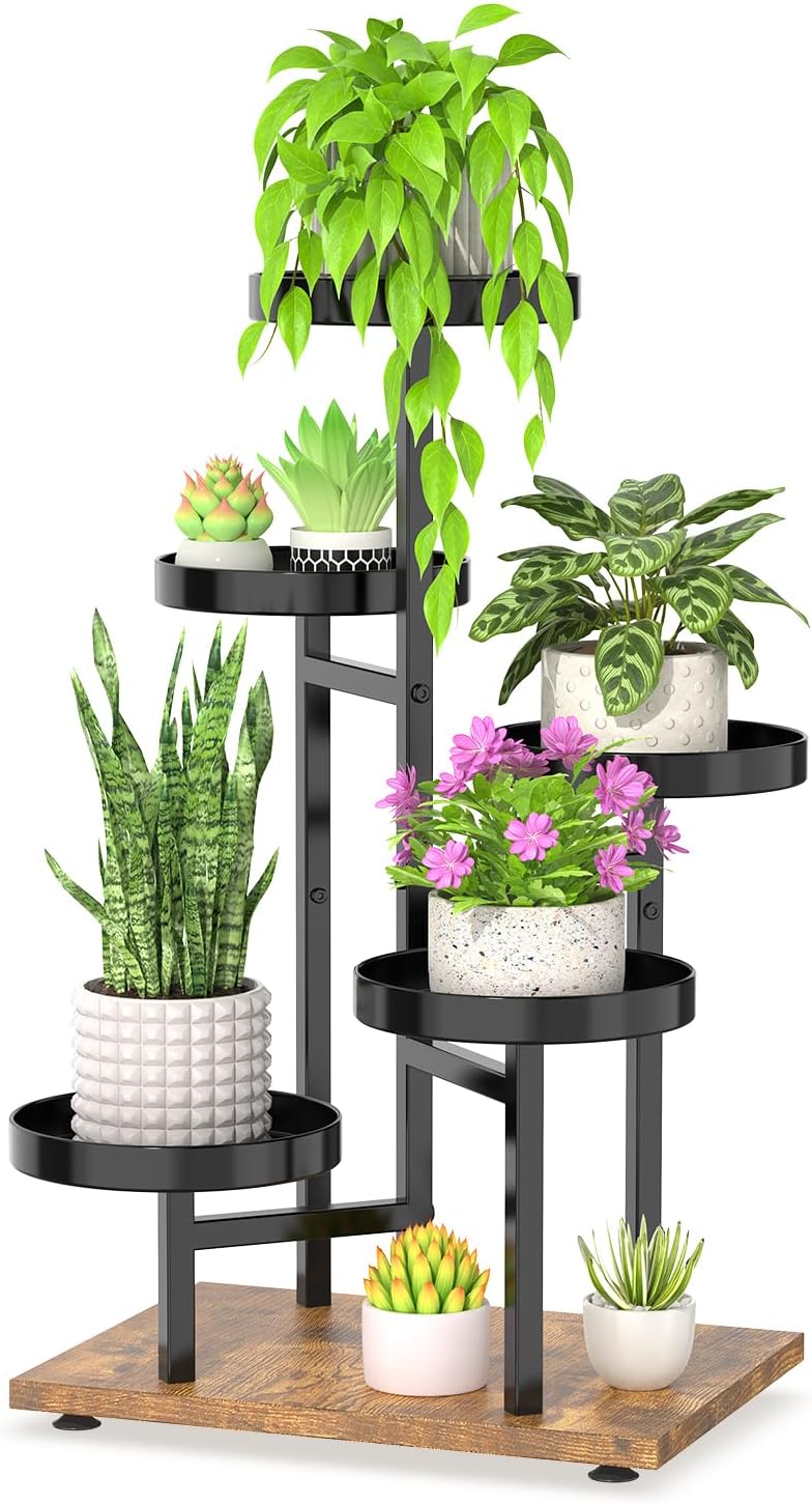 LASZOLA 6 Tier Black Plant Stand Indoor for Large Tall Heavy Duty Planter, Modern Mid Century Metal and Wooden Rack for Narrow House Bathroom Corner Floor, Vertical Spiral Orchid Organizer, Cat Proof