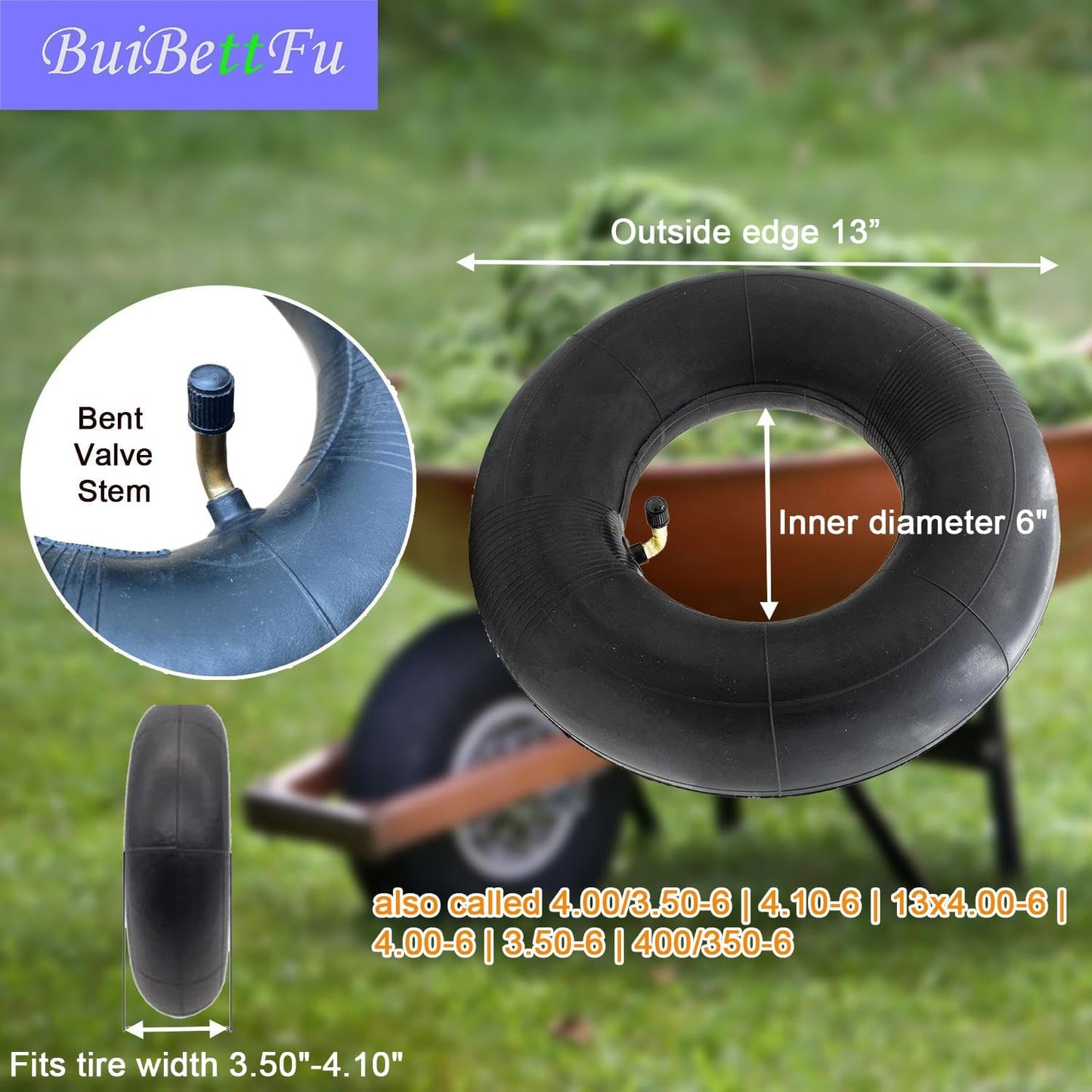 4.10/3.50-6 (13x4.00-6) Replacement Inner Tube, with TR87 Bent Metal Valve Stem fit for Wheelbarrows, Lawn Mowers, Snow Blowers,Hand Trucks, Tractors and More 3.50-6 4.00-6 4.10-6 Tire Tubes (2/Pack)