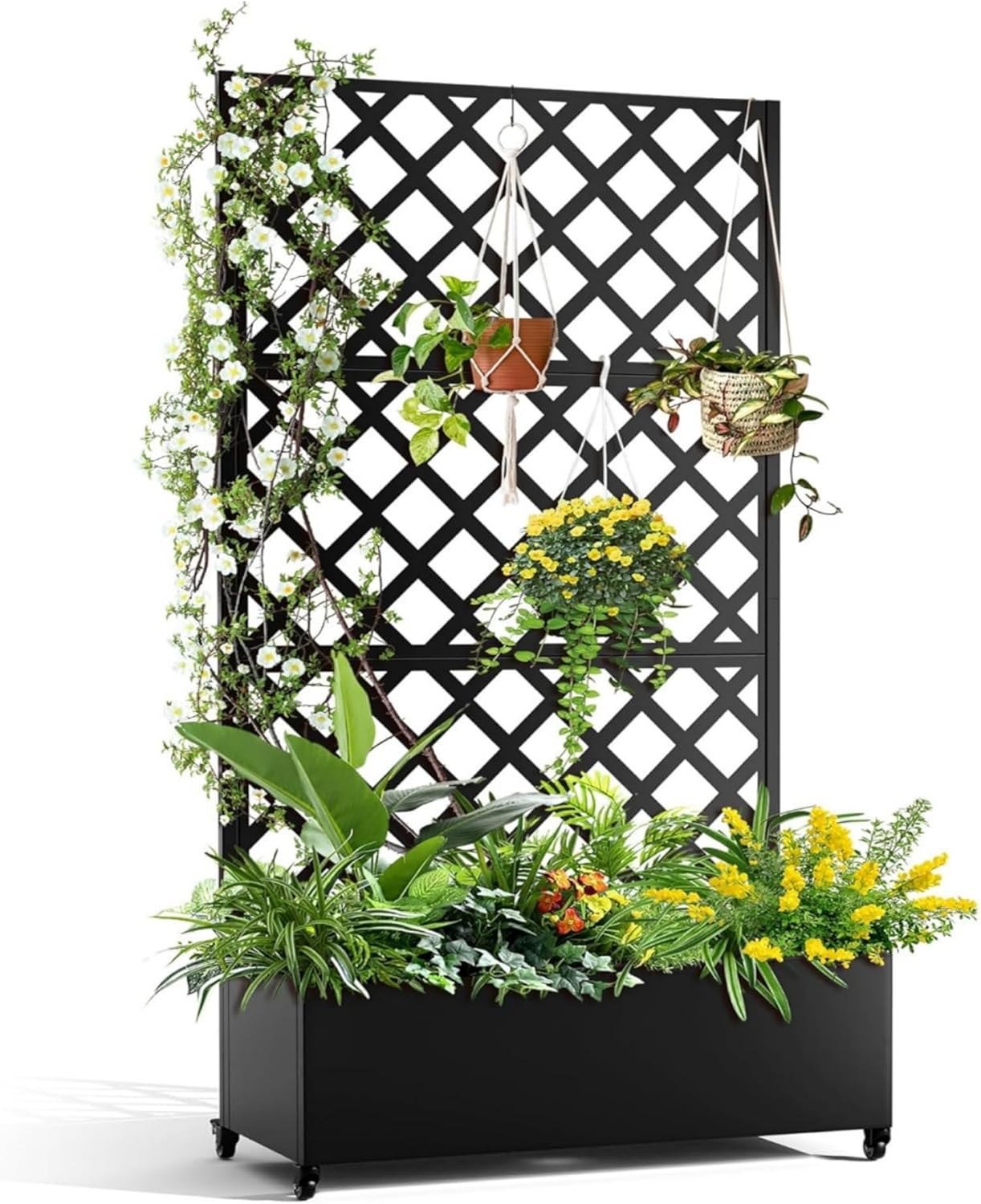 Metal Planter Box with Diamond Lattice Trellis - 72"x35" Galvanized Raised Garden Bed on Wheels for Climbing Plants and Vines, Black Finish