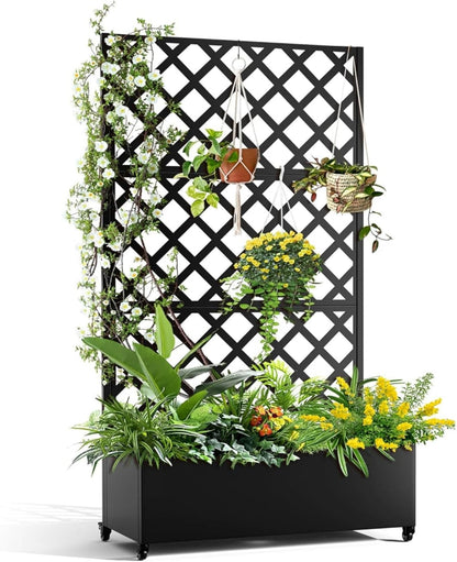 Metal Planter Box with Diamond Lattice Trellis - 72"x35" Galvanized Raised Garden Bed on Wheels for Climbing Plants and Vines, Black Finish